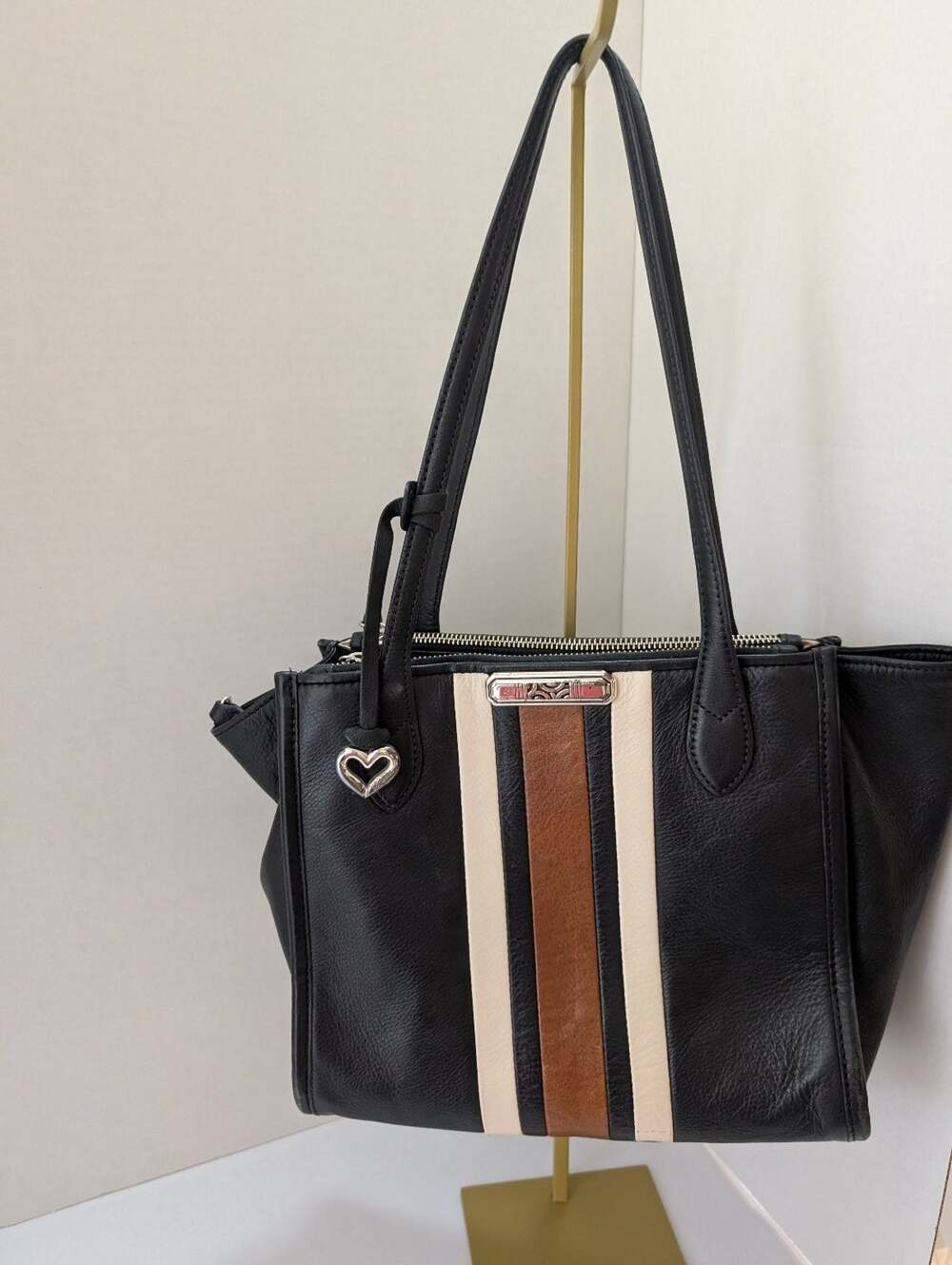 Brighton Black Leather Tote Shoulder Bag Multi-Stripe Heart Charm Work Everyday